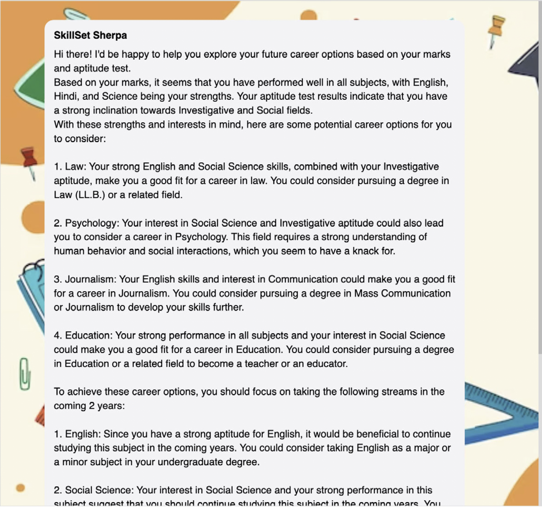 SkillSet Sherpa Chat UI showing career recommendations