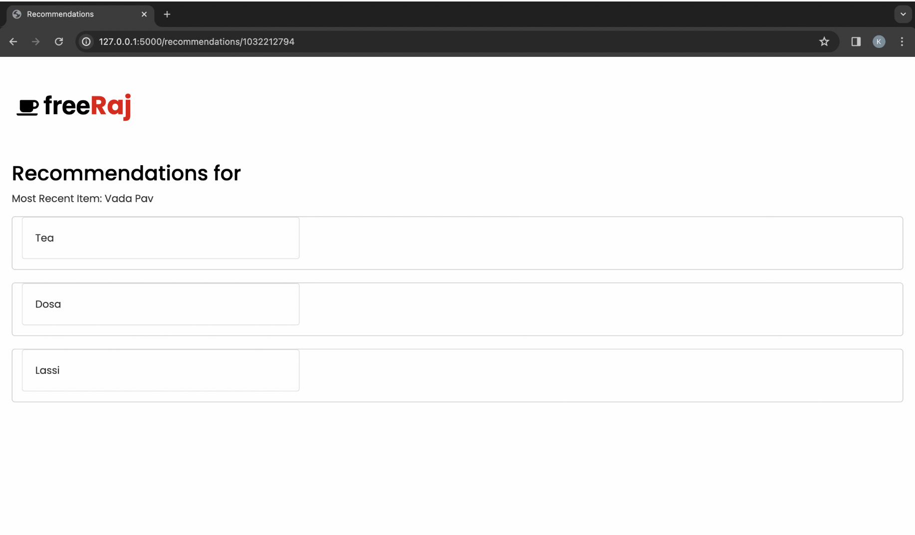 Student UI showing food recommendations